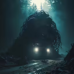 the front of a truck with trees on top driving down the road