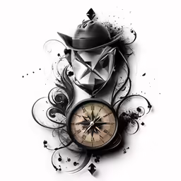 a black and white drawing of a helmet, clock, stars and swirls