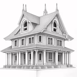 the drawing of a victorian house shows a pointy roof, large window, and tall chimneys,a drawing of a large house with a lot of windows