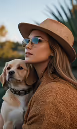 a woman wearing sunglasses and hat holding a dog