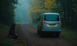 a car stopped at the side of a forest road in the fall
