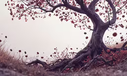 a tree is sitting on the hill with an oddly shaped base,a tree with its root protruding from the ground and leaves flying everywhere