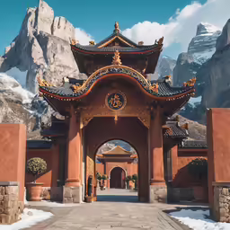 a building with mountains in the background