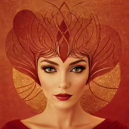 a woman wearing a red costume and headpiece