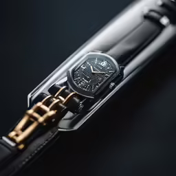 a watch sits on a gold and black bracelet