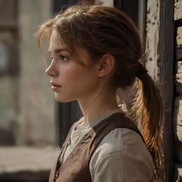 an attractive woman in a brown dress leaning against the wall
