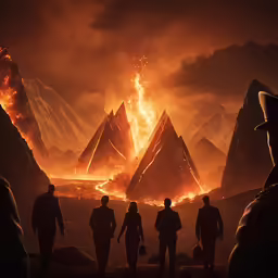 people are standing in the middle of a field with a mountain backdrop that is glowing orange and black