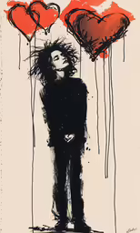 a red and black picture with a man standing between hearts