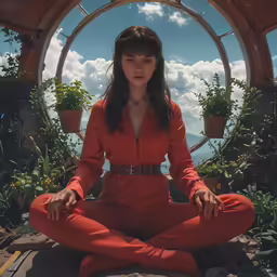 a woman is sitting in the middle of a garden