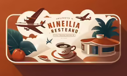 an illustration showing a small coffee shop in the middle of the town with airplanes flying over it