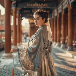 a woman in an asian dress with a robe