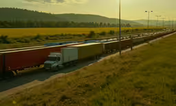 a long train is going down the tracks,a long red and yellow trailer truck next to the road