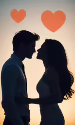 a couple kissing against each other, and orange hearts over them
