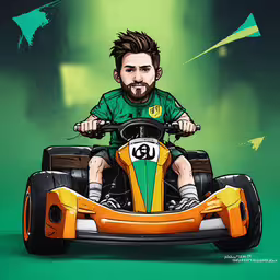 a man riding a kart car in front of green light,the man is riding an orange kart