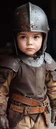 a young boy wearing a full armor and helmet