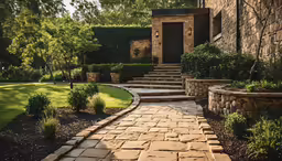 an outside walkway with steps to the side