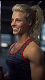a woman is shown smiling holding a pole,a beautiful blonde woman standing next to a pole