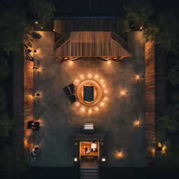 an overhead view shows a building with lights, lights and decorations
