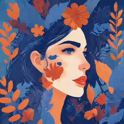 a woman is shown with orange leaves around her,a painting of a girl with flowers and leaves on her face