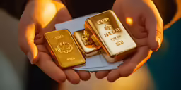 someone holding out three gold bars in their hands