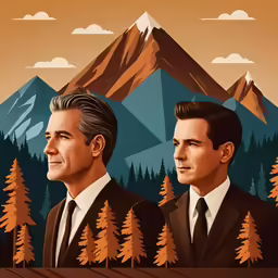 two men wearing suits in the background is mountains