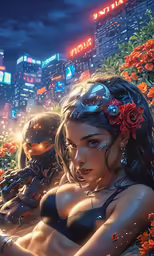a beautiful woman holding a controller near a man in front of a city