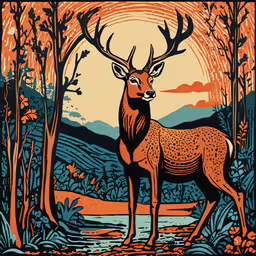 a deer in a forest under the sun,the deer, and the setting sun, appear to be painted on canvases
