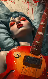 a woman sleeping in bed while holding a red guitar