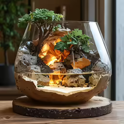 a fire pit sitting on top of a wooden table