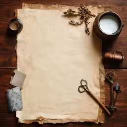 a paper, pen, and other items are arranged on a wooden table