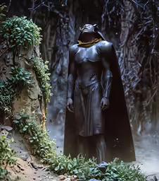 a man with a cape on standing in the forest