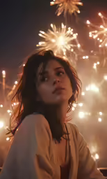 woman in white sweater standing against a lot of fireworks