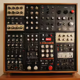 an electronic sound mixing system on a wooden surface