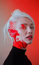 the woman is wearing red paint on her face
