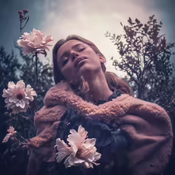 a woman in coat looking to her left and flowers in her hands