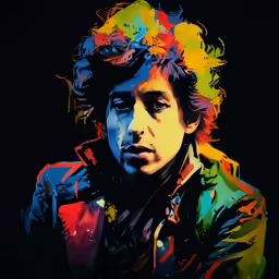 the painting is showing the face of a person in a brightly colored jacket