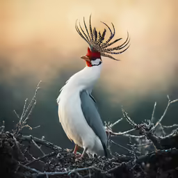 a bird with a very unusual hat standing on a branch