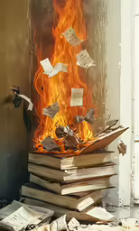 the fire burns down a book pile full of books