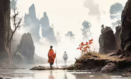 a man and a woman walking in front of mountains