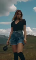 a women in short skirt standing on top of a hill