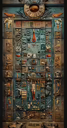 a large egyptian style door with lots of items and symbols on it