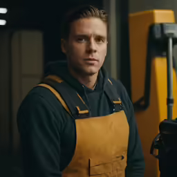 a man in overalls with his eyes shut