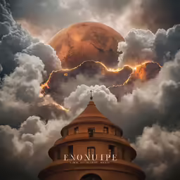 an image of the moon and clouds above a building