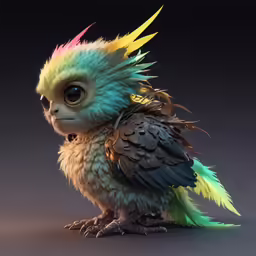 an owl statue with feathers in pastel colors