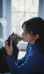 a woman is drinking a cup with coffee in her hand