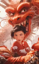 an animated image of an asian girl standing in front of a demonic, aggressive dragon