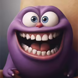 a creepy purple creature with blue eyes has big teeth