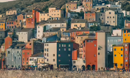 a very colorful city on the shore with a hill in the background