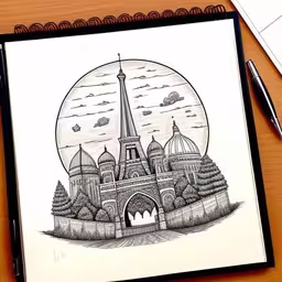 a drawing is shown in front of a pencil,an ink drawing of the eiffel tower, paris france