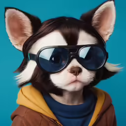 a dog with a weird look wearing some glasses